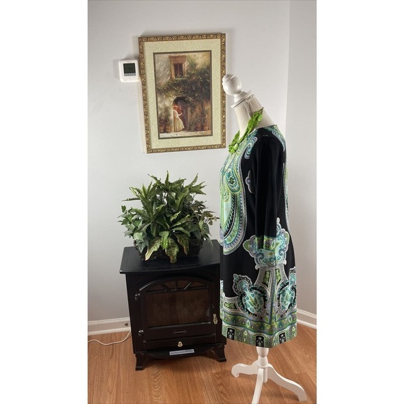 Sandra Darren Dress 12 Blue Green Knee Length Collarless Short Sleeve - Picture 3 of 10